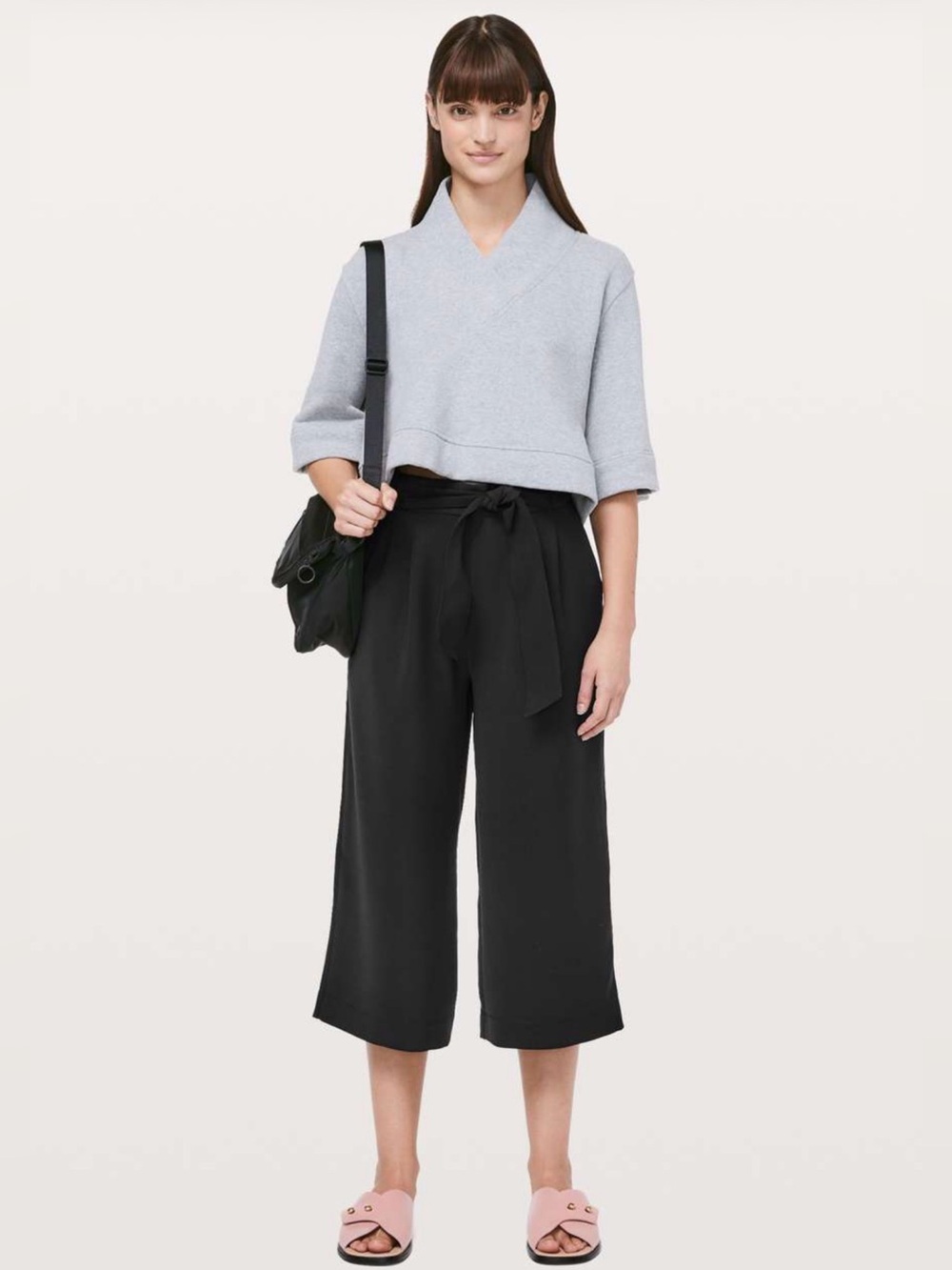 Lululemon Noir Crop Pants‎ Wide Leg Black Pleated Office Work Tie Classic Size 6